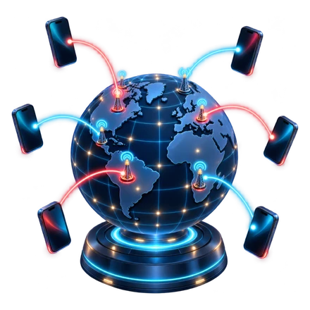 A globe on a pedestal with glowing routes flying out to phones around it