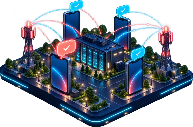 A miniature city of cell towers, a data centre and phones, with delivered message bubbles flying between them